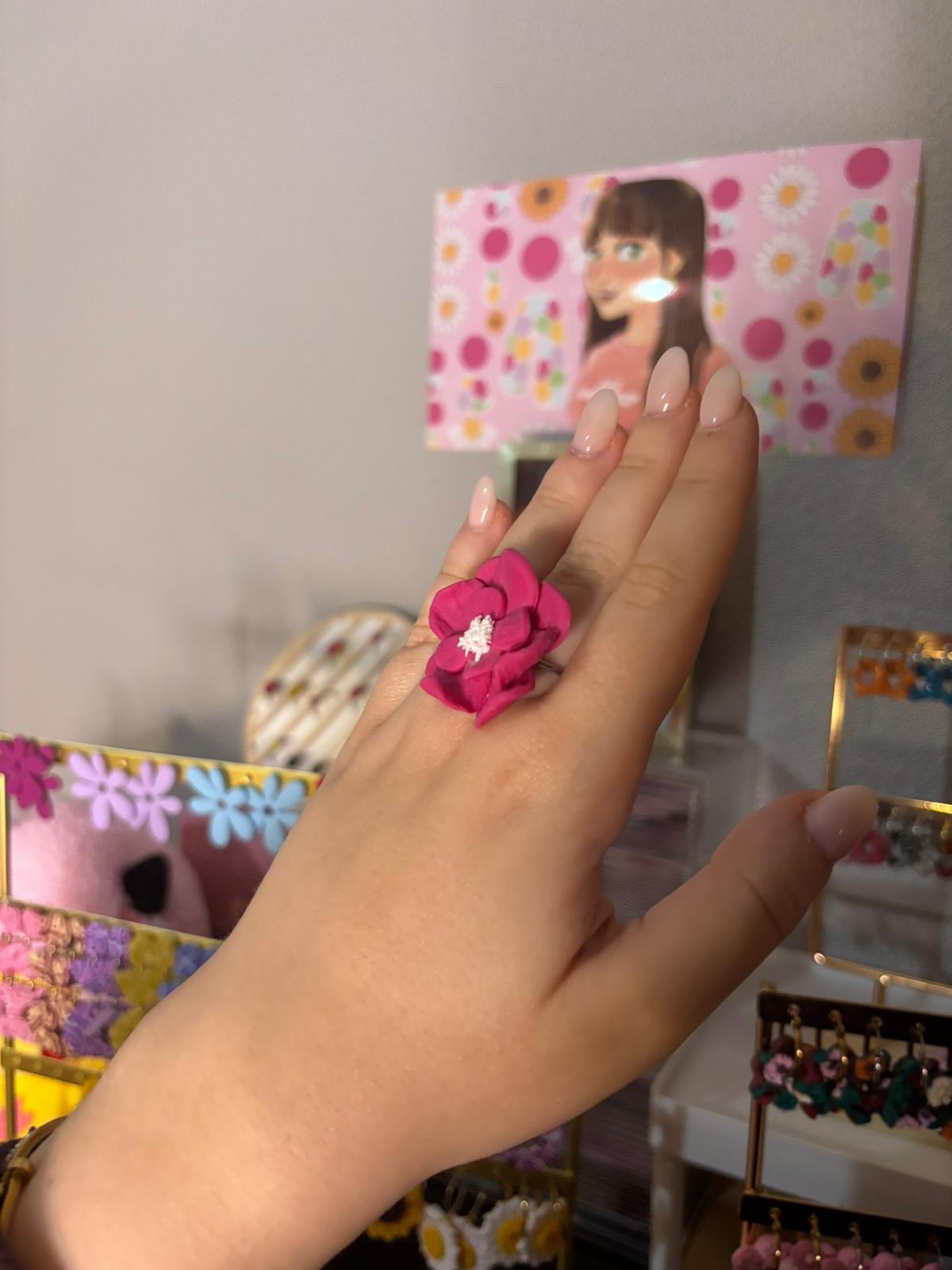 Anillo Amapola fucsia grande PLATEADO