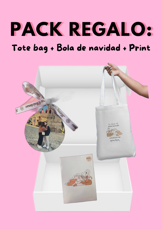 Pack regalo: Tote bag + Bola de navidad (modelo foto personalizada) + Print