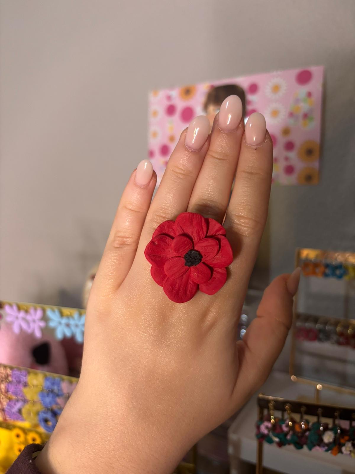 Anillo Amapola rojo grande PLATEADO