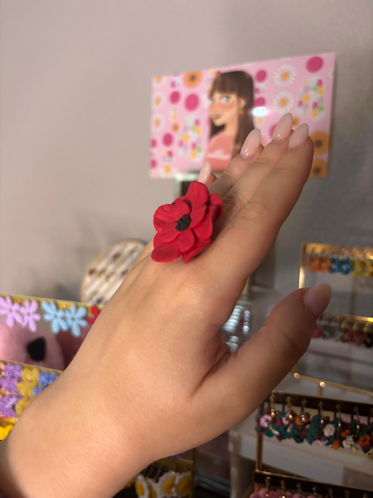 Anillo Amapola rojo grande PLATEADO